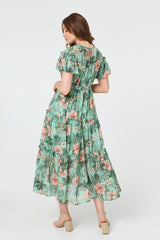Tropical Print Frill Tiered Midi Dress