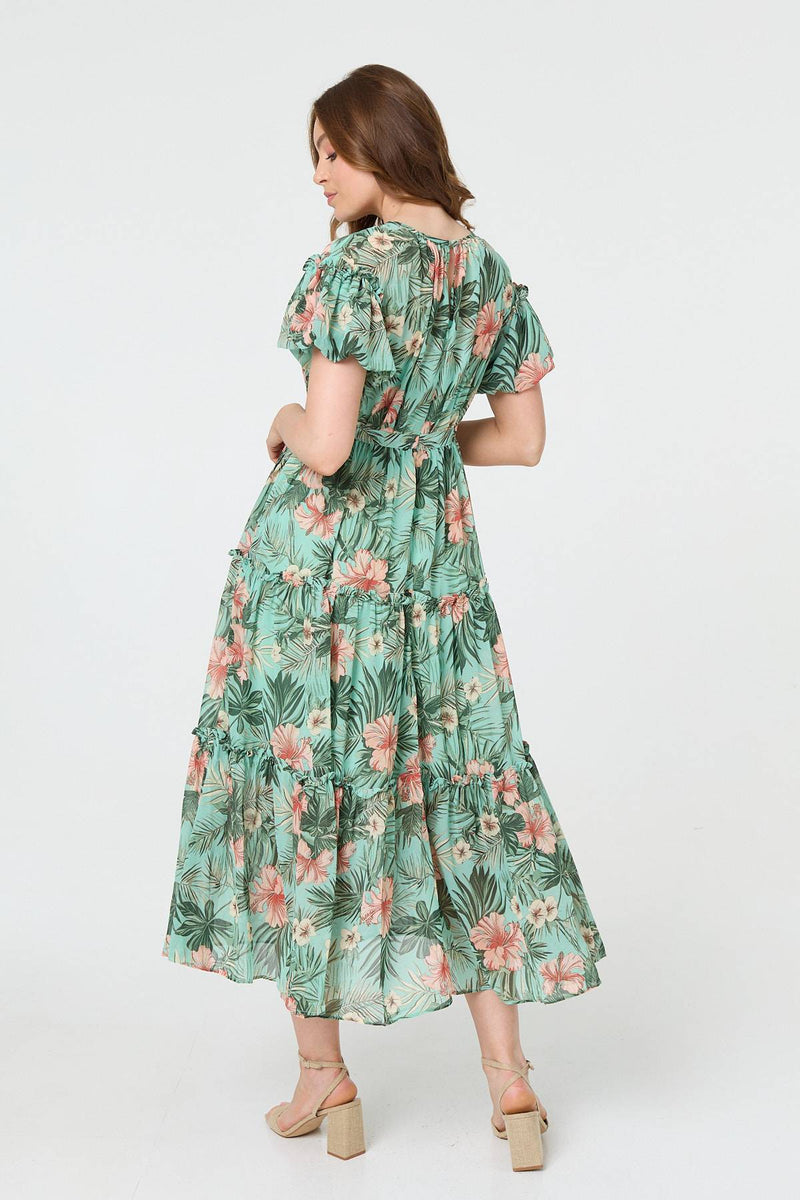 Tropical Print Frill Tiered Midi Dress