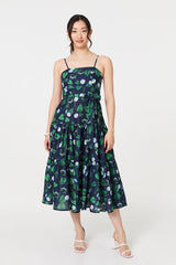 Floral Sleeveless Tie Waist Midi Dress