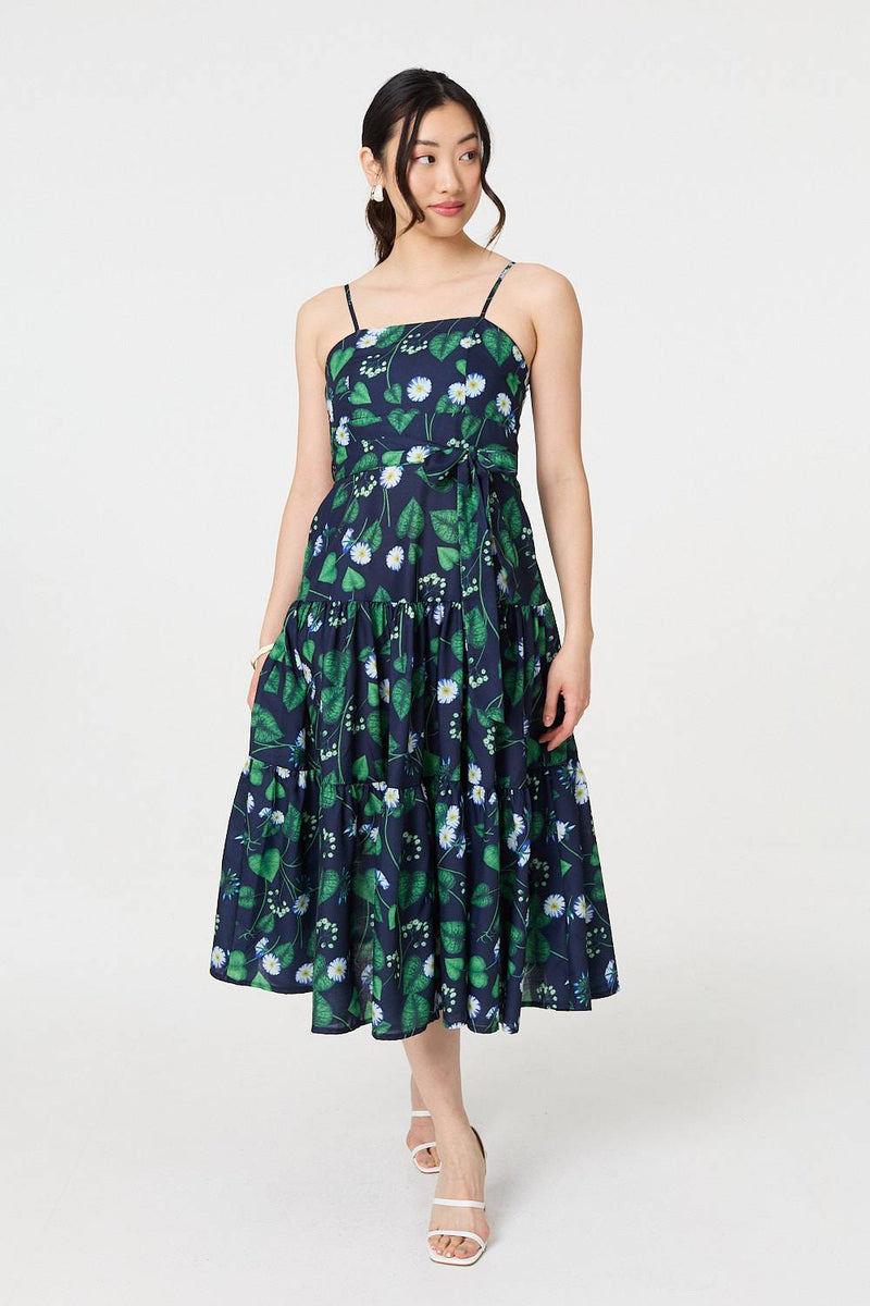 Floral Sleeveless Tie Waist Midi Dress