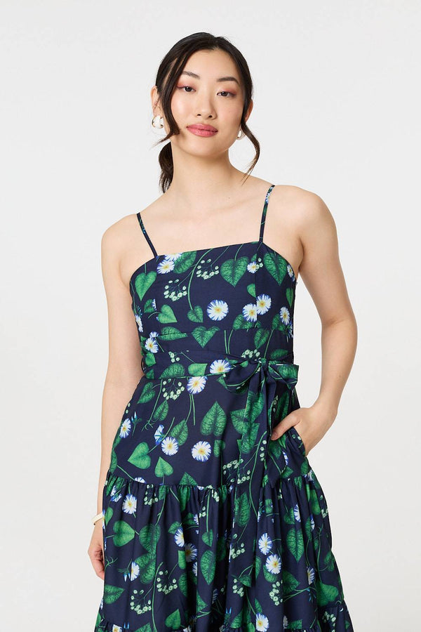 Floral Sleeveless Tie Waist Midi Dress
