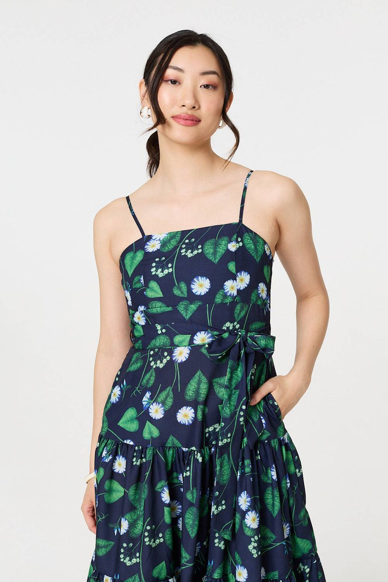 Floral Sleeveless Tie Waist Midi Dress