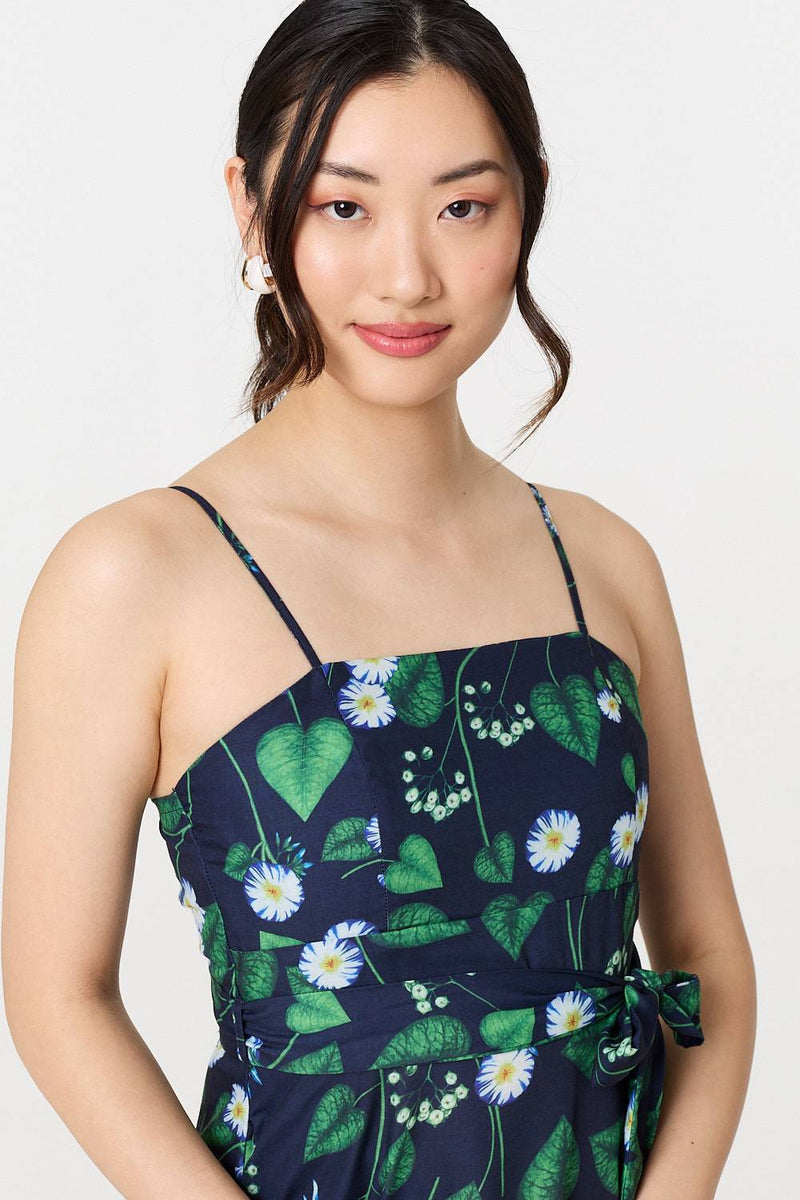 Floral Sleeveless Tie Waist Midi Dress