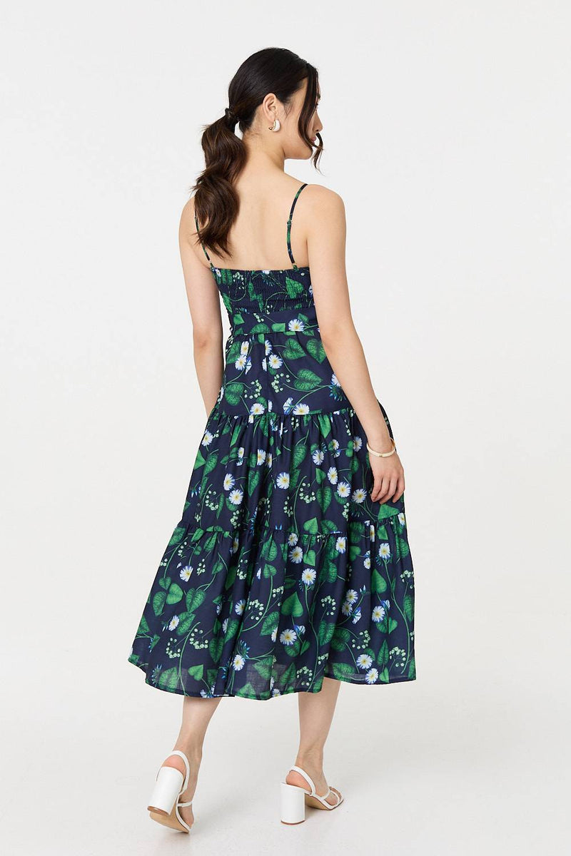 Floral Sleeveless Tie Waist Midi Dress