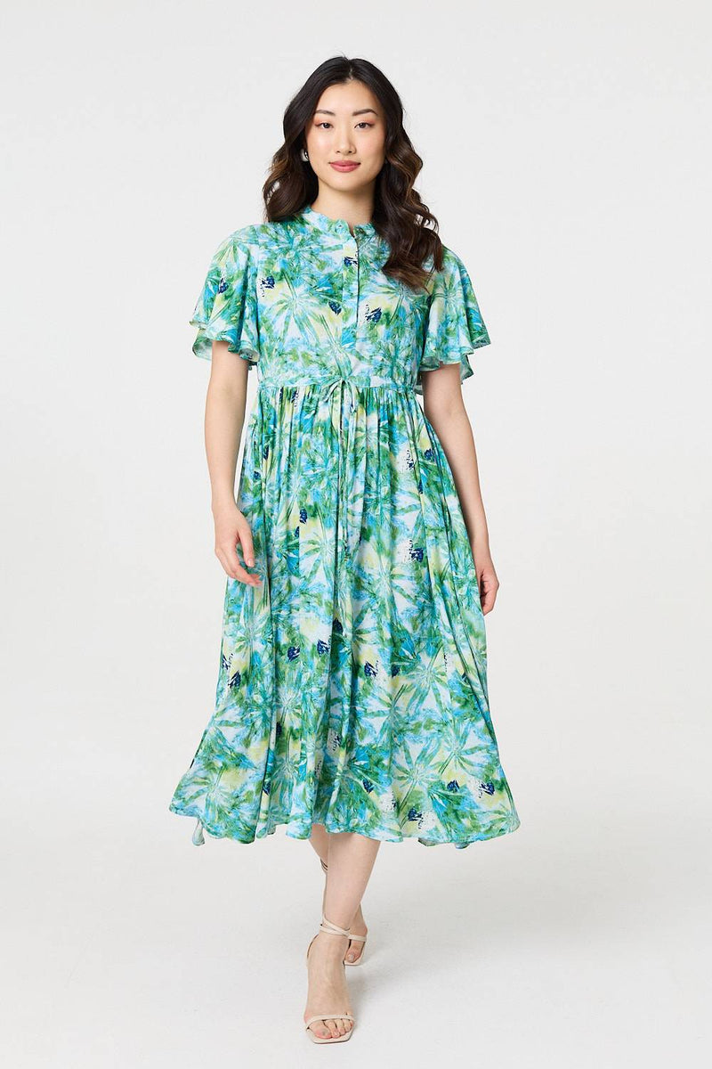 Leaf Print Tie Waist Pleated Midi Dress