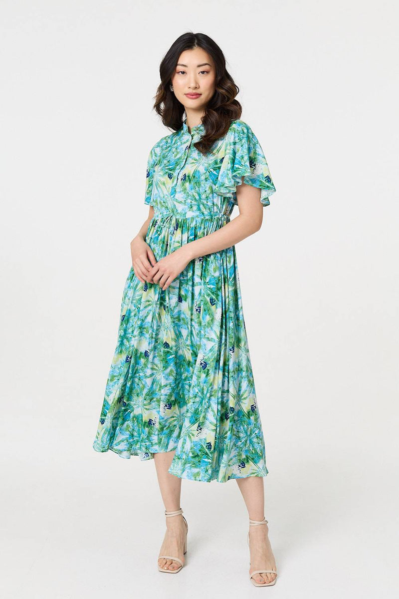 Leaf Print Tie Waist Pleated Midi Dress