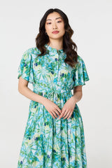 Leaf Print Tie Waist Pleated Midi Dress