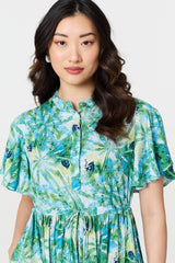 Leaf Print Tie Waist Pleated Midi Dress