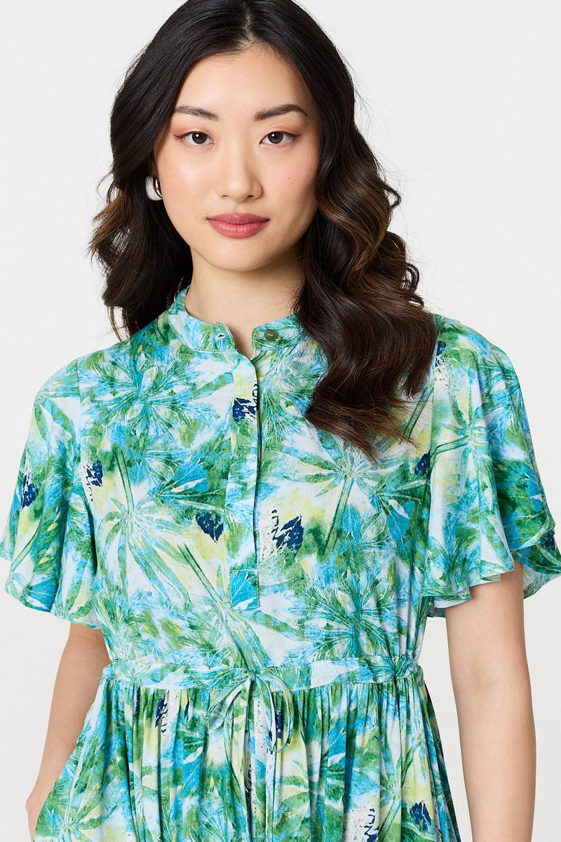 Leaf Print Tie Waist Pleated Midi Dress