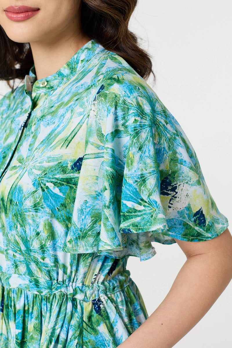 Leaf Print Tie Waist Pleated Midi Dress