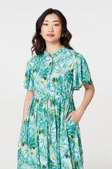 Leaf Print Tie Waist Pleated Midi Dress