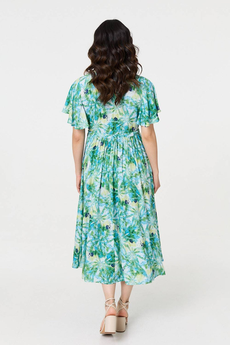 Leaf Print Tie Waist Pleated Midi Dress