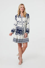 Border Print Tie Waist Short Shirt Dress