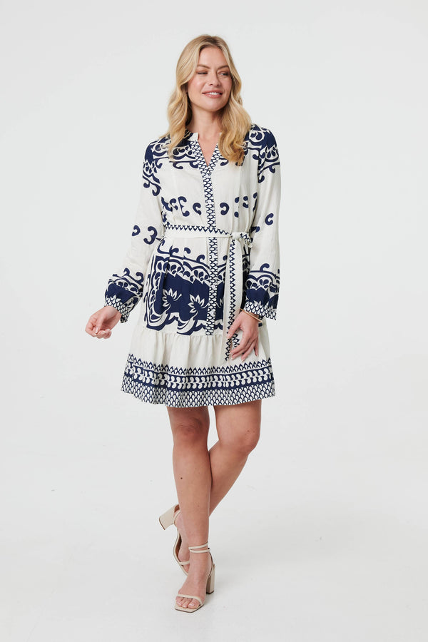 Border Print Tie Waist Short Shirt Dress