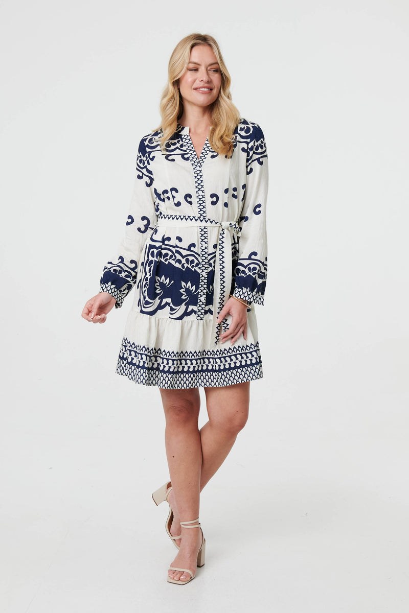 Border Print Tie Waist Short Shirt Dress