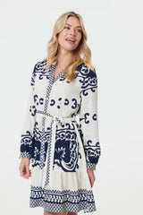 Border Print Tie Waist Short Shirt Dress