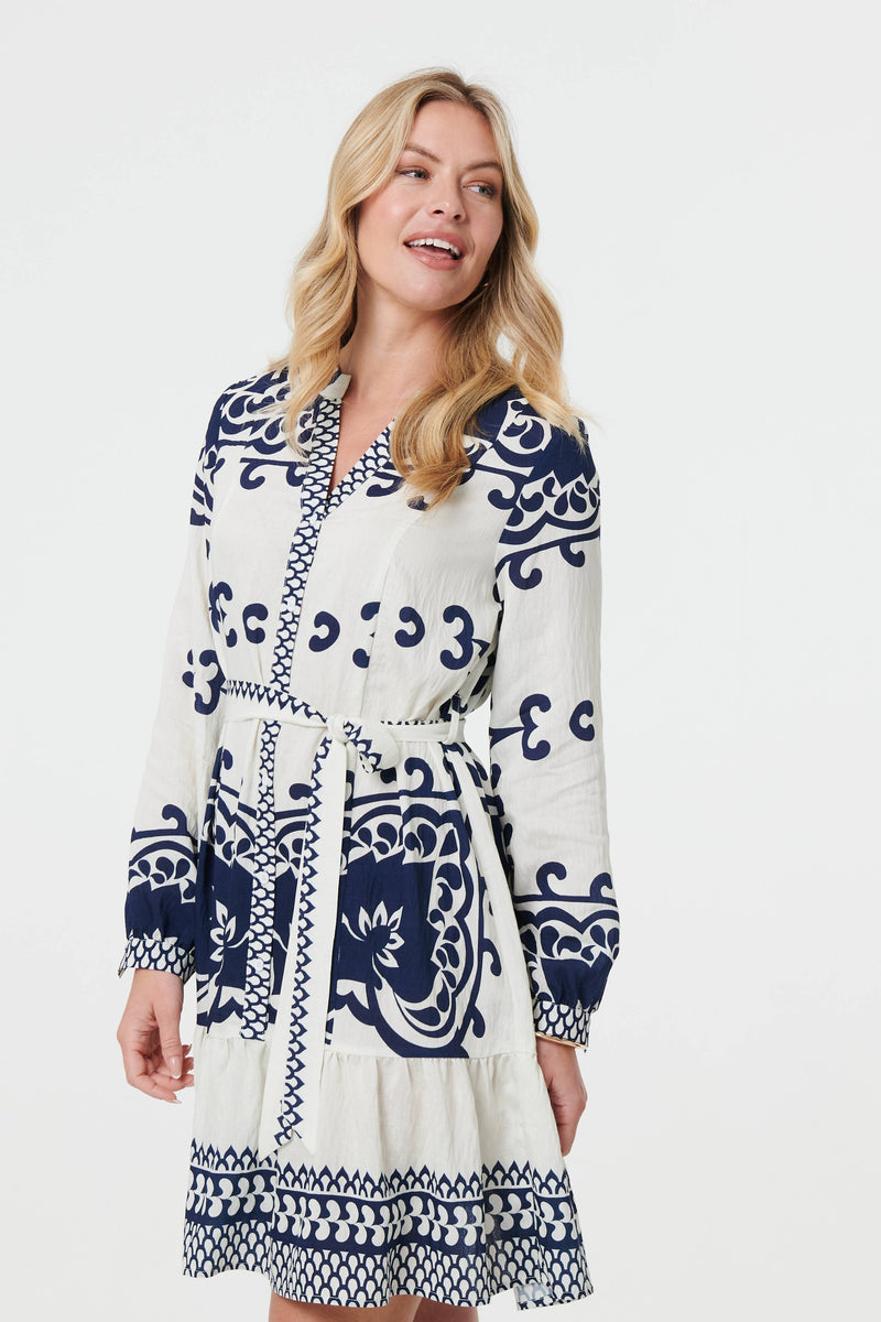 Border Print Tie Waist Short Shirt Dress