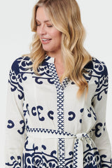 Border Print Tie Waist Short Shirt Dress