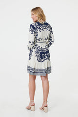 Border Print Tie Waist Short Shirt Dress