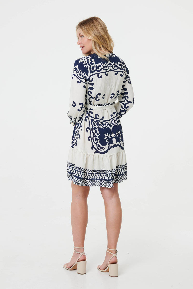 Border Print Tie Waist Short Shirt Dress