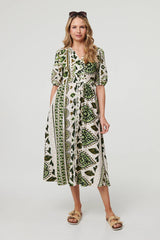 Printed 1/2 Sleeve A-Line Midi Dress