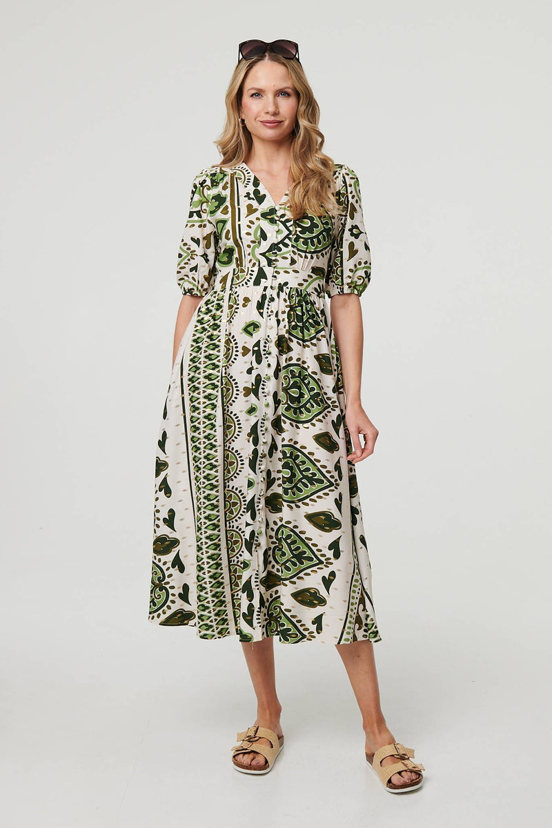 Printed 1/2 Sleeve A-Line Midi Dress