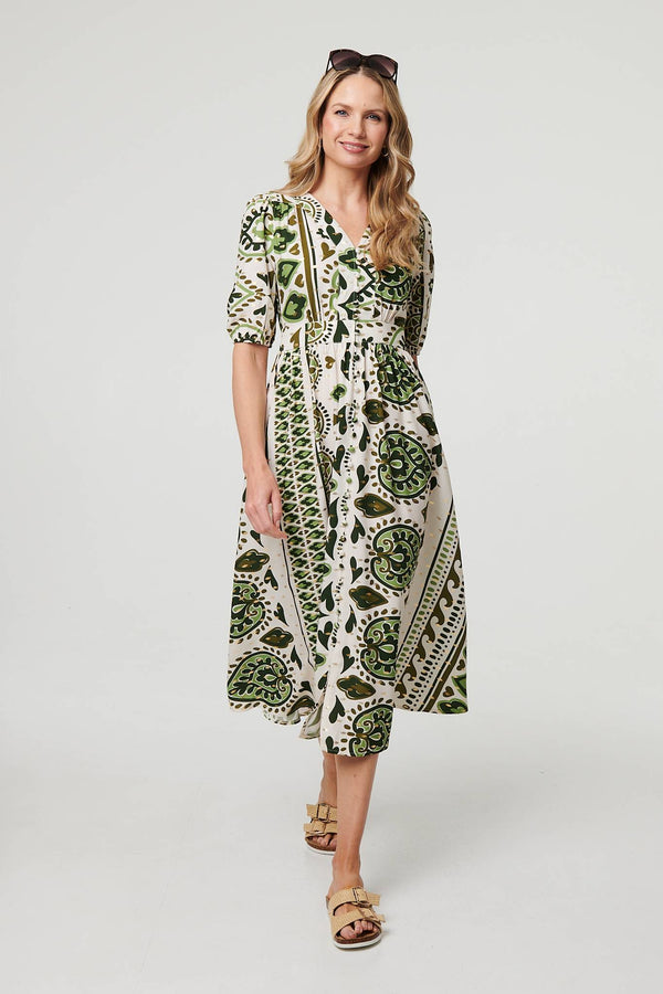 Printed 1/2 Sleeve A-Line Midi Dress