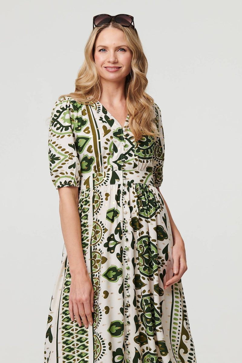 Printed 1/2 Sleeve A-Line Midi Dress