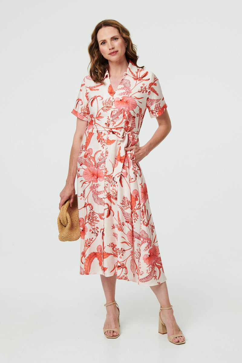 Printed Tie Waist Shirt Midi Dress