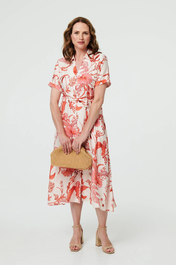Printed Tie Waist Shirt Midi Dress
