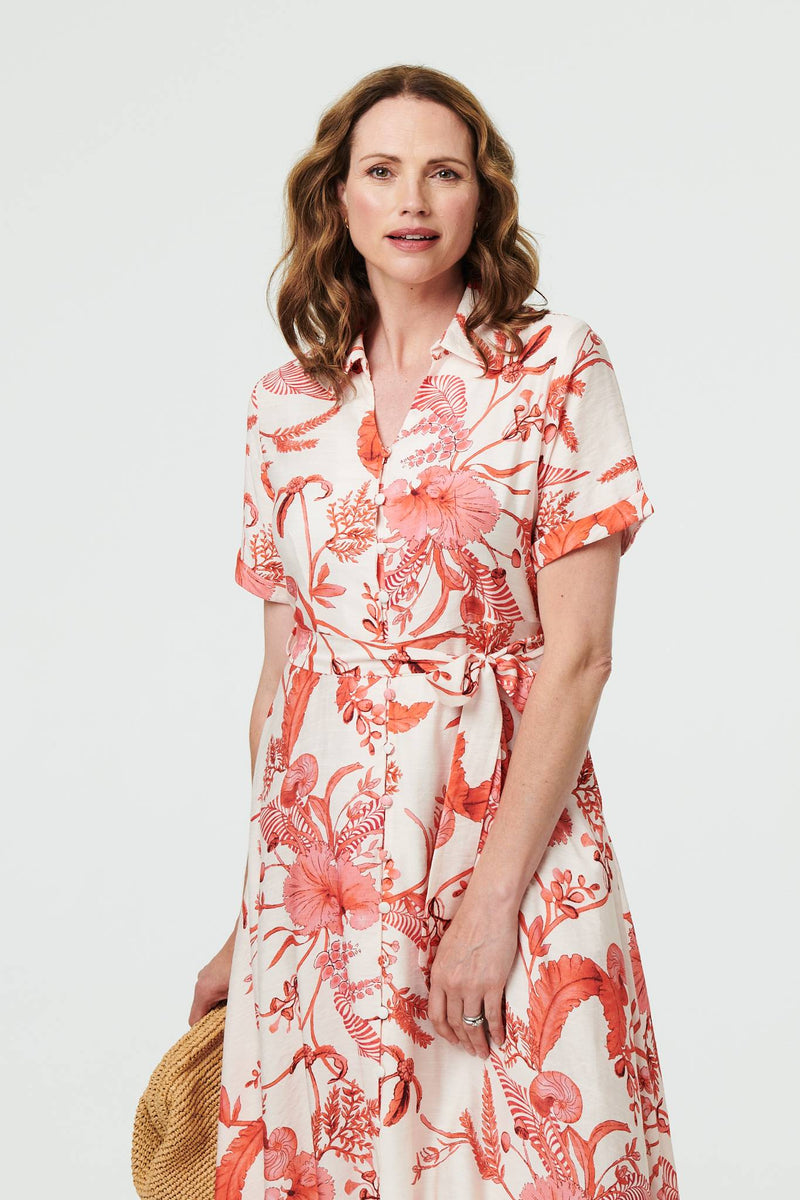 Printed Tie Waist Shirt Midi Dress