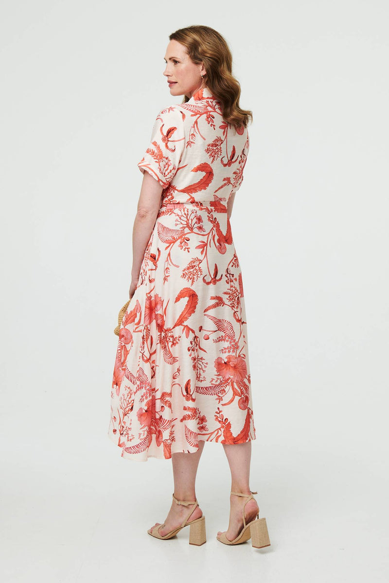 Printed Tie Waist Shirt Midi Dress