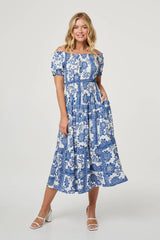 Floral Puff Sleeve Midi Bardot Dress