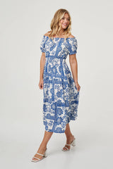 Floral Puff Sleeve Midi Bardot Dress