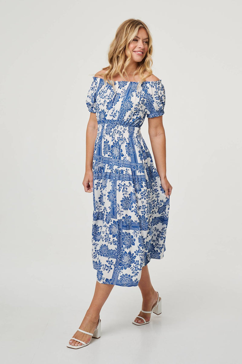 Floral Puff Sleeve Midi Bardot Dress