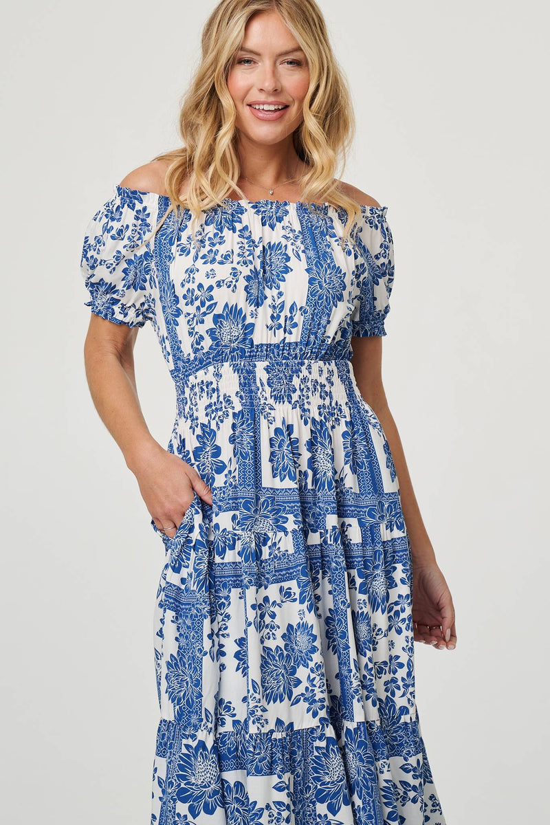 Floral Puff Sleeve Midi Bardot Dress