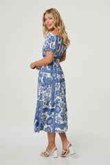 Floral Puff Sleeve Midi Bardot Dress