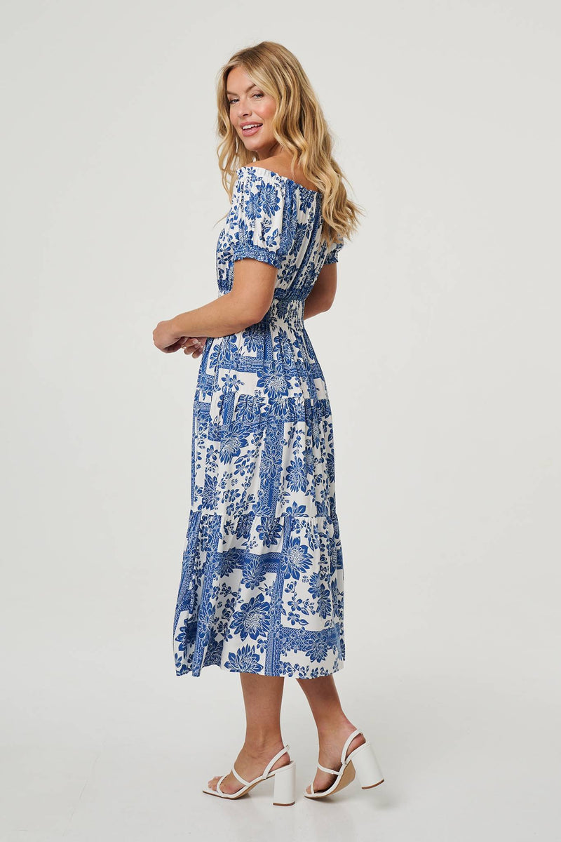 Floral Puff Sleeve Midi Bardot Dress
