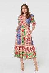 Printed 1/2 Sleeve V-Neck Midi Dress