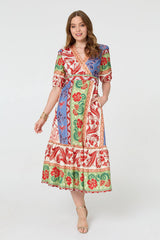 Printed 1/2 Sleeve V-Neck Midi Dress
