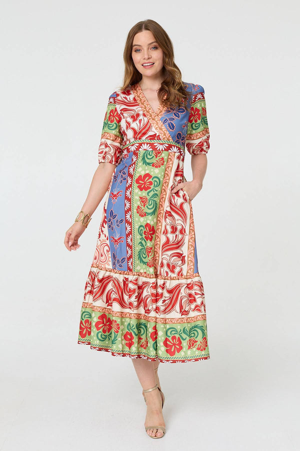Printed 1/2 Sleeve V-Neck Midi Dress