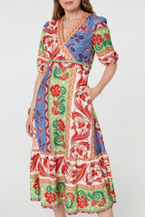 Printed 1/2 Sleeve V-Neck Midi Dress