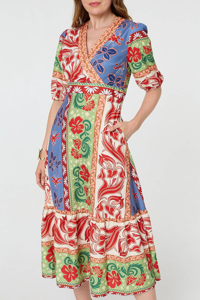 Printed 1/2 Sleeve V-Neck Midi Dress