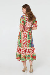 Printed 1/2 Sleeve V-Neck Midi Dress