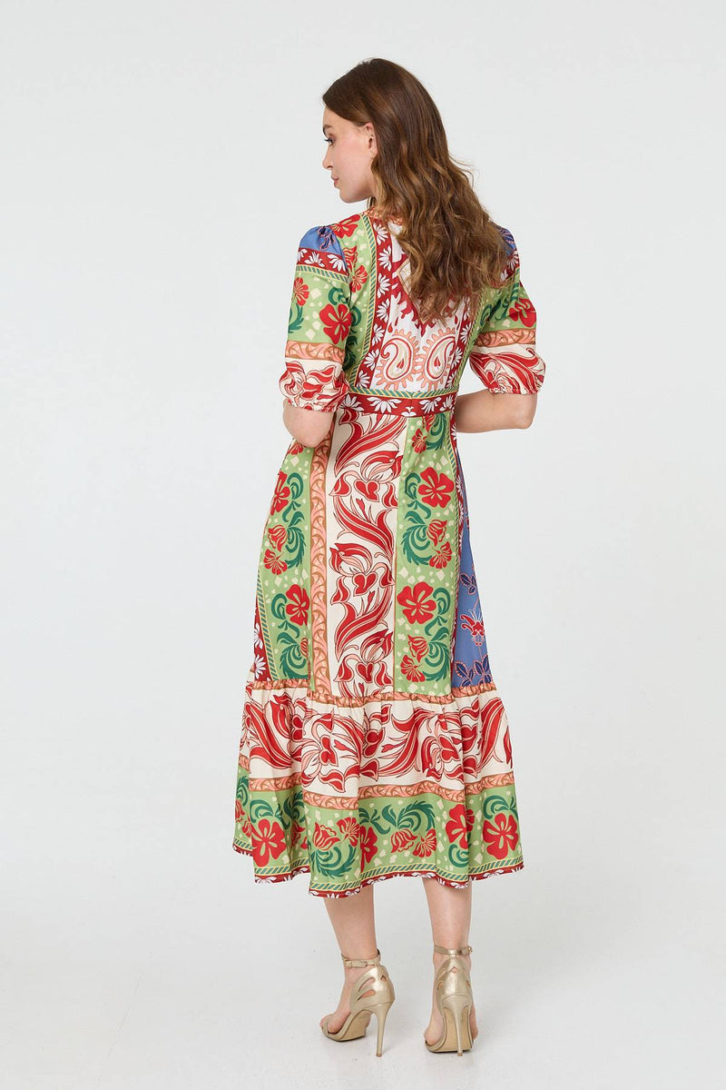 Printed 1/2 Sleeve V-Neck Midi Dress