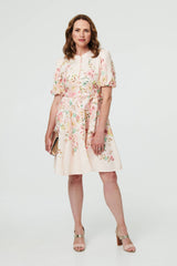 Floral Puff Sleeve High Neck Short Dress