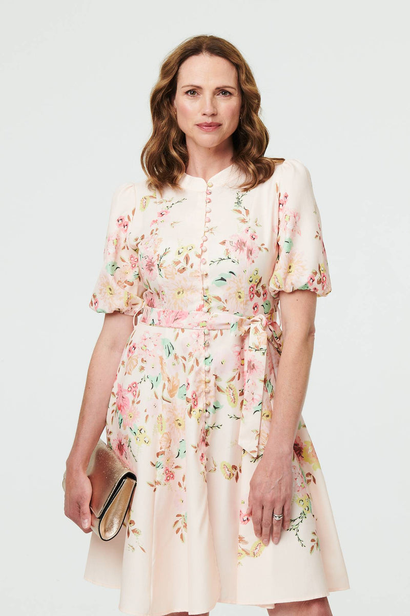 Floral Puff Sleeve High Neck Short Dress
