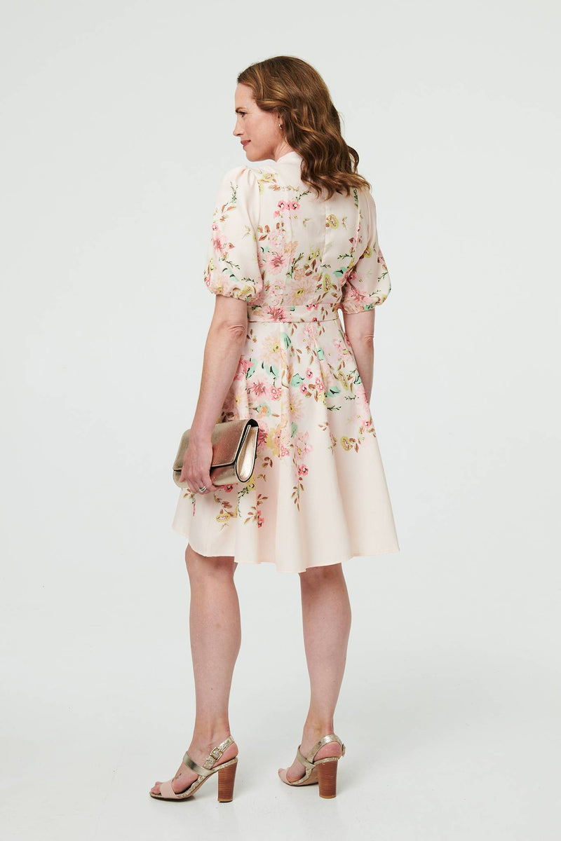 Floral Puff Sleeve High Neck Short Dress