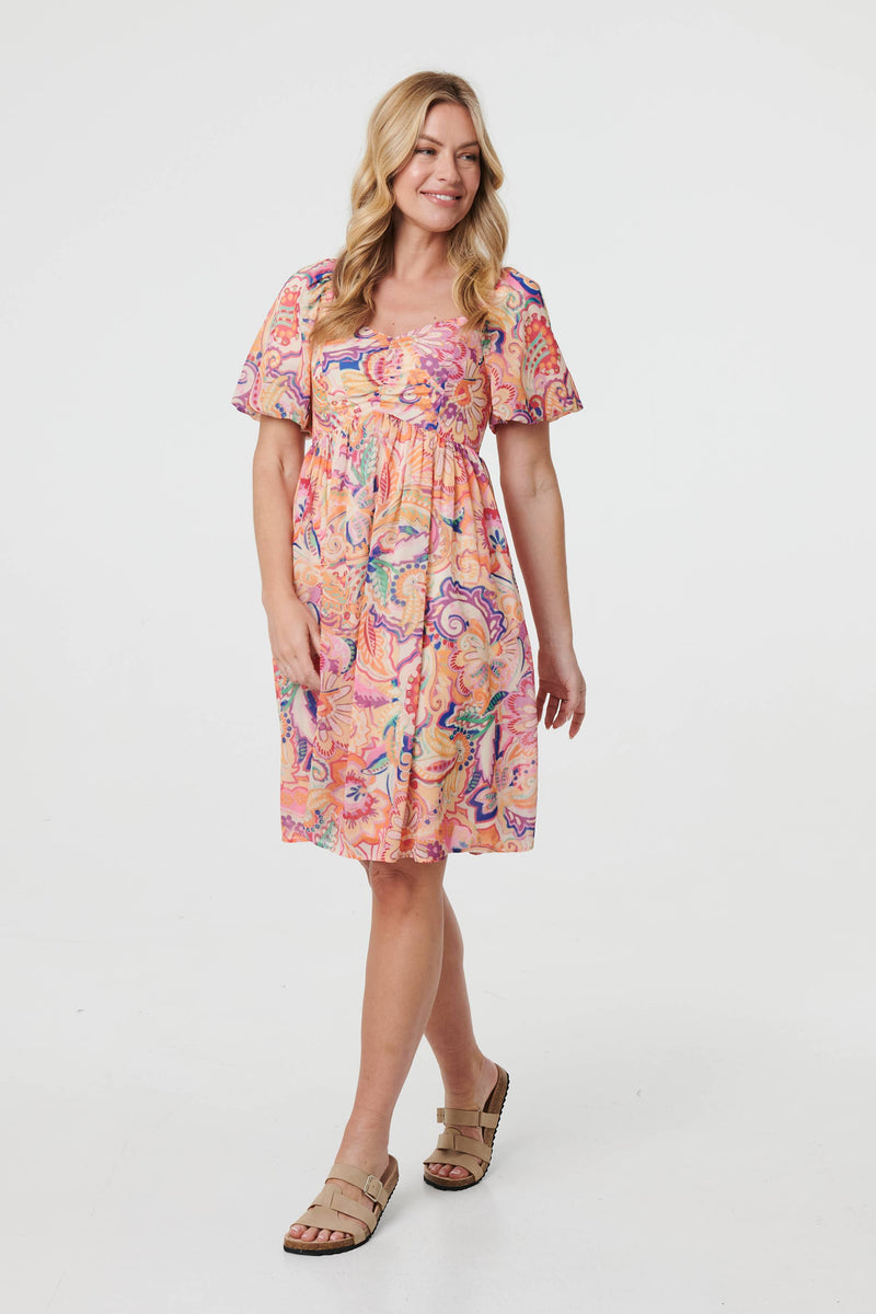 Abstract Ruched Empire Knee Length Dress