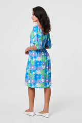 Floral Square Neck Knee Length Dress